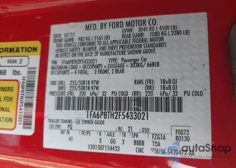 2015 Ford Mustang Ecoboost z USA, uszkodzony, nr VIN 1FA6P8TH2F5433021